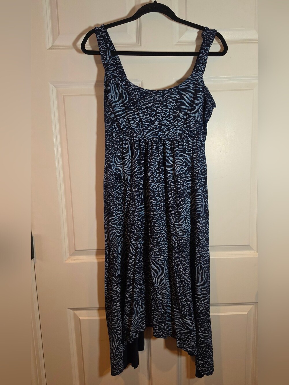 Fresh Produce Sleeveless Blue Animal Print Midi Dress with Asymmetrical Hem L